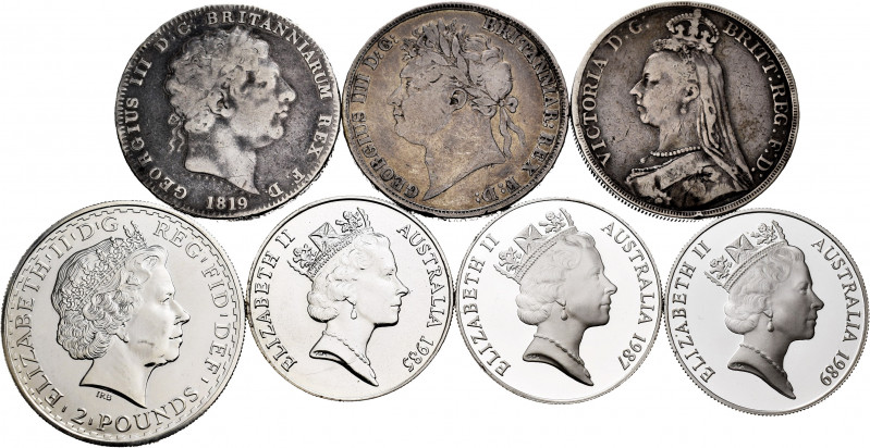 World coins. Lot of 7 silver coins, 4 from the United Kingdom (3 of 1 crown (181...