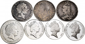 World coins. Lot of 7 silver coins, 4 from the United Kingdom (3 of 1 crown (1819, 1821, 1889) and 1 of 2 pounds 2007), and 3 from Australia (10 dolla...