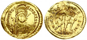 Roman Empire 1 Solidus Theodosius II(408-450). Averse legend: D N THEODOSI-VS P F AVG. Averse description: Diademed; helmeted and cuirassed bust of Th...