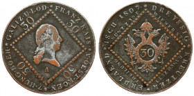 Austria 30 Kreuzer 1807A Franz II (1792-1835). Averse: Laureate head right within beaded square outline. Reverse: Crowned imperial double eagle within...