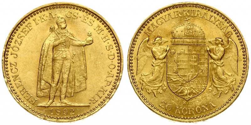 Austria Hungary 20 Korona 1892 KB Kremnitz. Franz Joseph I(1848-1916). Averse: E...