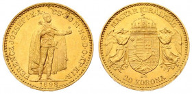 Austria Hungary 20 Korona 1898 KB Kremnitz. Franz Joseph I(1848-1916). Averse: Emperor standing. Reverse: Crowned shield with angel supporters. Gold. ...