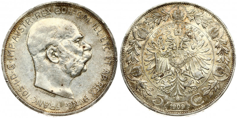 Austria 5 Corona 1909 Franz Joseph I(1848-1916). Averse: Large head; right; cont...