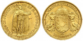 Austria Hungary 20 Korona 1914 KB Kremnitz. Franz Joseph I(1848-1916). Averse: Emperor standing. Reverse: Crowned shield with angel supporters. Gold. ...
