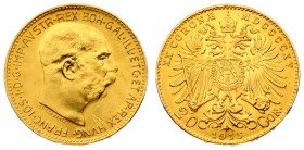 Austria 20 Corona MDCCCCXV 1915 Restrike. Franz Joseph I(1848-1916). Averse: Head of Franz Joseph I; right. Reverse: Crowned imperial double eagle. Go...