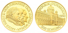 Austria 500 Schilling 1993 Averse: City building; date at right. value at bottom. Reverse: Aligned heads of Emperors Rudolf II; Ferdinand II and Archd...