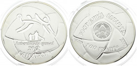 Belarus 100 Roubles 2009 London Olympics 2012. Averse: National arms and logo.Reverse: Two stylized players and Tower Bridge. Silver. Weight: 154g. KM...