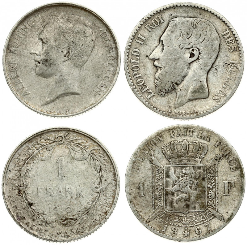 Belgium 1 Franc 1867 & 1910. Averse: Head left. Reverse: Crowned arms on ornate ...