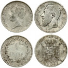 Belgium 1 Franc 1867 & 1910. Averse: Head left. Reverse: Crowned arms on ornate shield divide denomination. Silver. KM 28.1; 73.1. Lot of 2 Coins