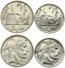 Belgium 20 & 50 Francs 1949 & 1951 Leopold III(1934-1951). Averse: Rampant lion left with shield; denomination below. Reverse: Helmeted head right; sm...
