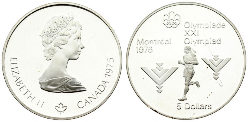 Canada 5 Dollars 1975 1976 Montreal Olympics. Averse: Young bust right; small ma...