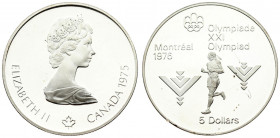 Canada 5 Dollars 1975 1976 Montreal Olympics. Averse: Young bust right; small maple leaf below; date at right. Reverse: Marathon; denomination below. ...