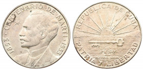 Cuba 1 Peso 1953 Centennial of Jose Marti. Averse: Radiant sun rising above water; denomination below. Reverse: Bust left; two dates. Silver. KM 29