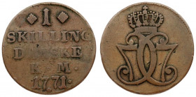 Denmark 1 Skilling 1771 Christian VII (1766-1808). Averse: Crowned double "C7" monogram. Reverse: Value "DANSKE" date. Copper. KM 616.1