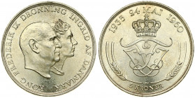 Denmark 5 Kroner -1960(h) C; S Silver Wedding Anniversary. Frederik IX(1947-1972). Averse: Conjoined heads right; within titles. Reverse: Crowned doub...