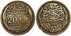 Egypt 20 Piastres 1335-1917 Hussein Kamil(1914-1917). Averse: Text above date within wreath. Reverse: Denomination within wreath; dates below. Old Dar...