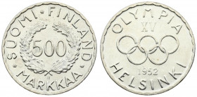 Finland 500 Markkaa 1952 H Averse: Wreath divides denomination. Reverse: Olympic logo above date. Silver. KM 35