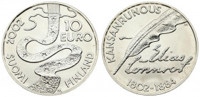 Finland 10 Euro 2002M M-M Elias Lönnrot. Averse: Ribbon with stars. Reverse: Quill and signature. Edge Description: Plain. Silver. KM 108