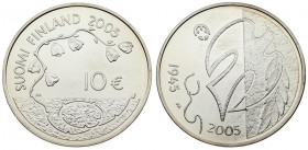 Finland 10 Euro 2005 M-M 60 years of Peace. Averse: Dove of peace. Reverse: Flowering plant. Silver. KM 120