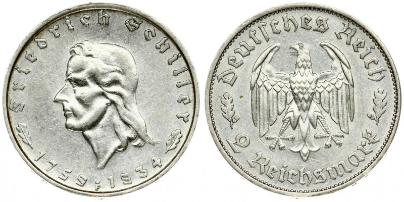 Germany Third Reich 2 Reichsmark 1934F 175th Anniversary - Birth of Schiller. Av...