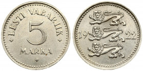 Estonia 5 Marka 1922 Averse: Three leopards left divide date. Reverse: Denomination. Edge Description: Milled. Type I. Copper-Nickel. (How to see the ...