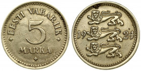 Estonia 5 Marka 1924 Averse: Three leopards left divide date. Reverse: Denomination. Edge Description: Milled. Nickel-Bronze. KM 3a