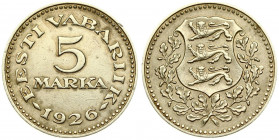 Estonia 5 Marka 1926 Averse: National arms within wreath. Reverse: Denomination above date. Nickel-Bronze. KM 7. RARE