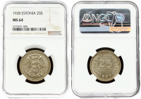 Estonia 25 Senti 1928 Averse: National arms wreath surrounds. Reverse: Denomination above date. Nickel-Bronze. KM 9. NGC MS 64 ONLY 5 COINS IN HIGHER ...