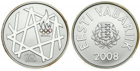Estonia 10 Krooni 2008 Olympics. Averse: Arms. Reverse: Torch and geometric patterns. Silver. KM 48. With Box & Certificate