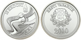 Estonia 10 Krooni 2010 Vancouver Winter Olympics. Averse: National arms within wreath; date below. Reverse: Two stylized cross county skiers right. Si...