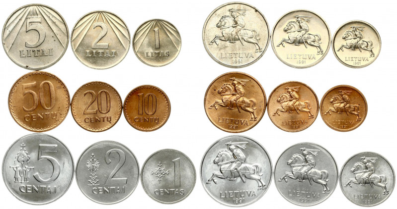 Lithuania 1-50 Centų & 1-5 Litai 1991. Averse: National arms. Reverse: Large val...