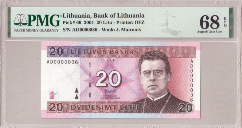 Lithuania 20 Litu 2001 Banknote. Bank of Lithuania Pick# 66 2001 20 Litu - Print...