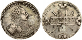 Russia 1 Rouble 1722 Moscow. Peter I (1699-1725). Averse: Laureate bust right. Reverse: Sunburst in center divides date in cruciform with 4 crowns mon...