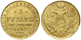 Russia 5 Roubles 1842 СПБ-АЧ St. Petersburg. Nicholas I (1826-1855). Averse: Crowned double imperial eagle. Reverse: Value text and date within circle...