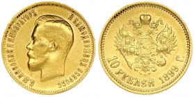 Russia 10 Roubles 1899 (ФЗ) St. Petersburg. Nicholas II (1894-1917). Averse: Head right. Reverse: Crowned double imperial eagle ribbons on crown. Gold...