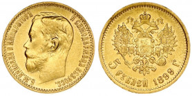 Russia 5 Roubles 1899 (ФЗ) St. Petersburg. Nicholas II (1894-1917). Averse: Head right. Reverse: Crowned double imperial eagle ribbons on crown. Gold....