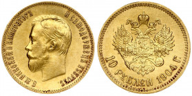 Russia 10 Roubles 1904 (AP) St. Petersburg. Nicholas II (1894-1917). Averse: Head left. Reverse: Crowned double imperial eagle ribbons on crown. Gold....
