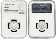 Russia USSR 20 Kopecks 1924 Averse: National arms within circle. Reverse: Value and date within oat sprigs. Silver. Y 88. NGC MS 64