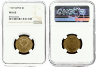 Russia USSR 3 Kopecks 1939. Averse: National arms. Reverse: Value and date within wheat sprigs. Edge Description: Reeded. Aluminum-Bronze. Y 107. NGC ...