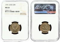 Russia USSR 20 Kopecks 1941. Averse: National arms. Reverse: Value within octagon flanked by sprigs with date below. Edge Description: Reeded. Copper-...