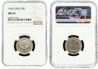 Russia USSR 20 Kopecks 1943. Averse: National arms. Reverse: Value within octagon flanked by sprigs with date below. Edge Description: Reeded. Copper-...