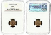 Russia USSR 1 Kopeck 1954 Averse: National arms. Reverse: Value and date within oat sprigs. Edge Description: Reeded. Aluminum-Bronze. Y 112. NGC MS 6...