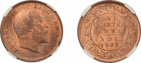 India, British 1905(C), 1/4 Anna . Graded MS 64 Red Brown by NGC - Only one coin graded higher.KM 501