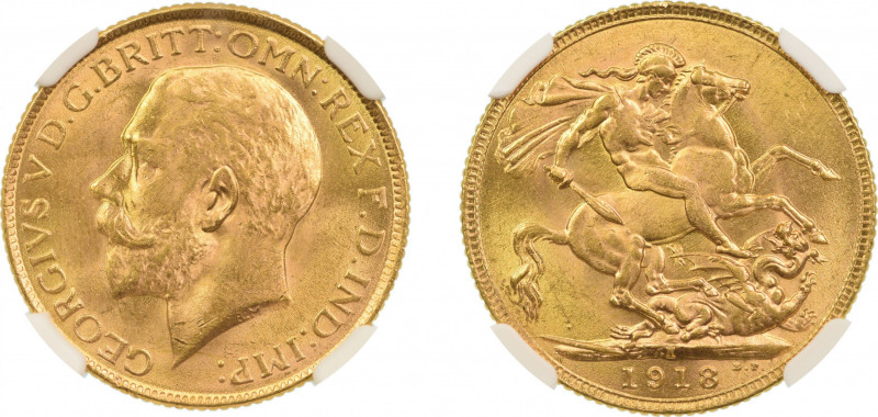 India, British 1918I, 1 Sovereign. Graded MS 65 by NGC. - No coin graded higher....