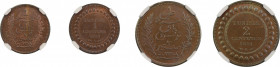 Tunisia AH1308/1891A,

1 Centime, Graded MS 65 Red Brown

2 Centimes, Graded MS 66 BrownKM 219 & KM-220