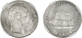 Danish West Indies 1878 (Ag) 20 Cents (KM-71): Silvery/white lustre all around: Strong details on the ship, some weakness on the strike in the upper a...