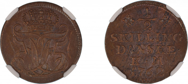 Denmark 1762 W, 1/2 Skilling. Graded MS 62 Brown by NGC - No coin graded higher....