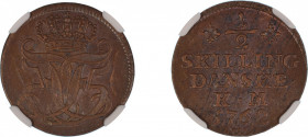 Denmark 1762 W, 1/2 Skilling. Graded MS 62 Brown by NGC - No coin graded higher.H- 40B / KM- 577.2