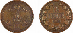 Finland 1889, 10 Pennia, Almost Very Fine Details, Some cleaningKM-12