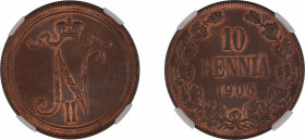 Finland 1905, 10 Pennia. Graded MS 63 Red Brown by NGC - Four coins graded higher.KM- 14